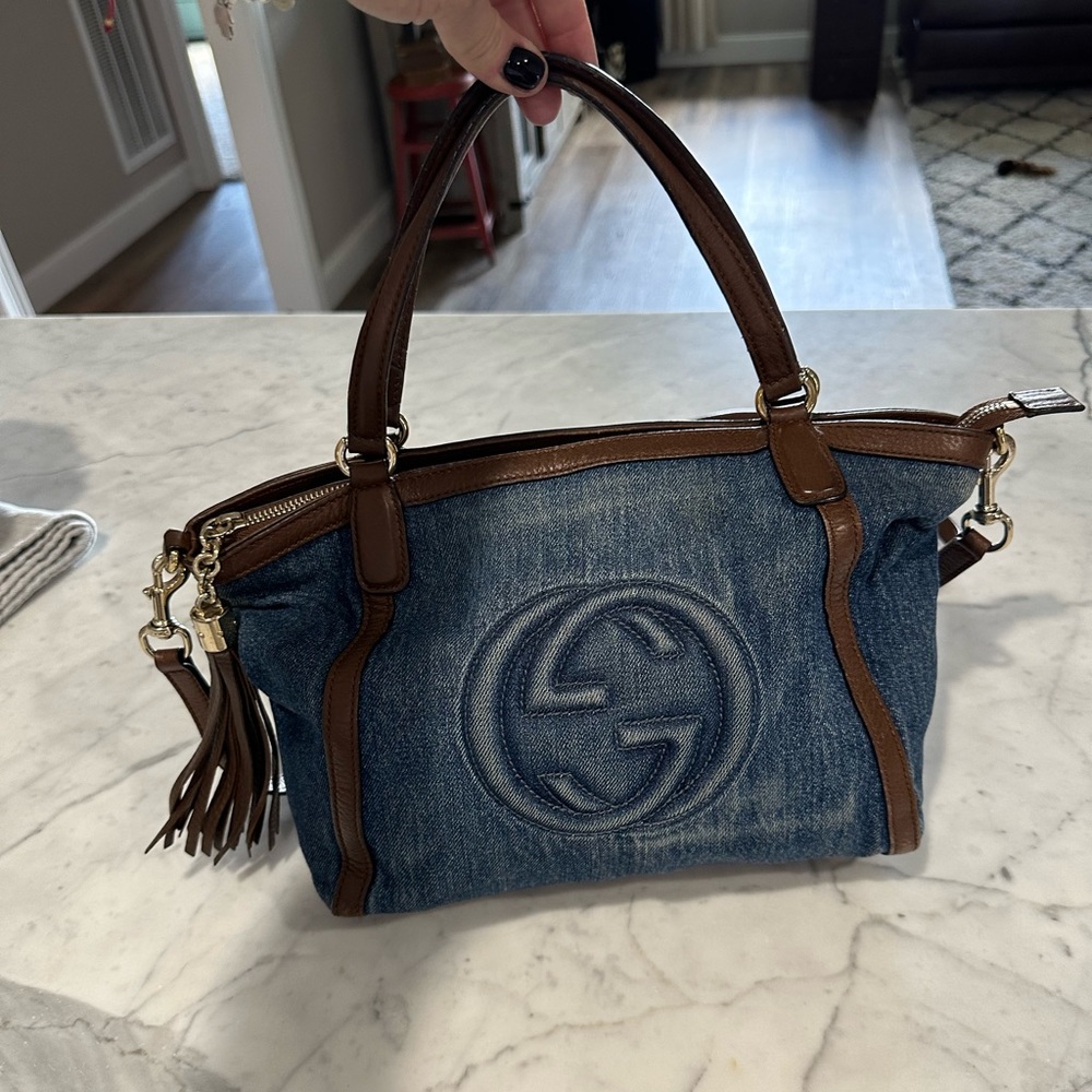 Authentic Gucci Soho Two Way Tote In Denim With Brown Leather Trim And Tassel